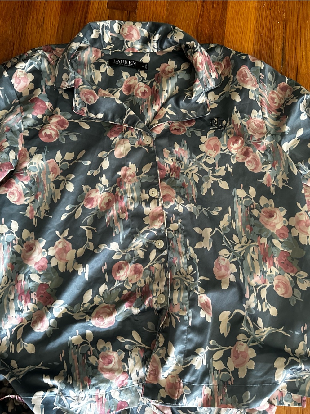 Ralph Lauren Floral Satin Pajama Set Green Long Sleeve Button Down Embroidered - Picture 7 of 8